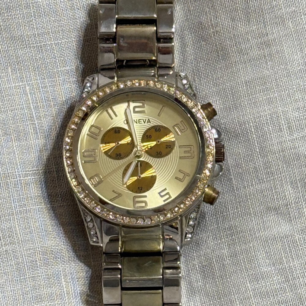 Geneva Two-Tone Rhinestone Watch Gold Silver Bracelet
